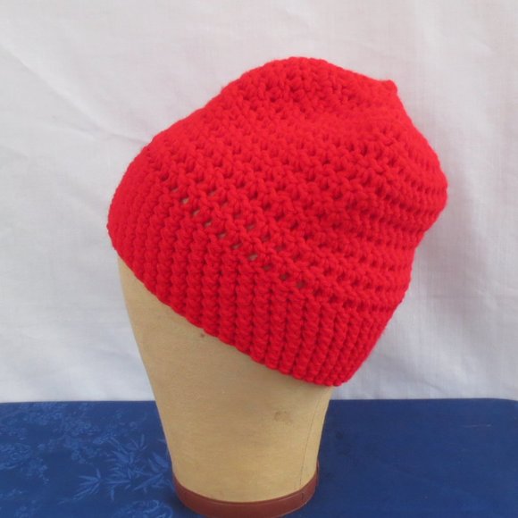 Hand Crocheted Unisex Bright Red Beanie - Picture 4 of 6